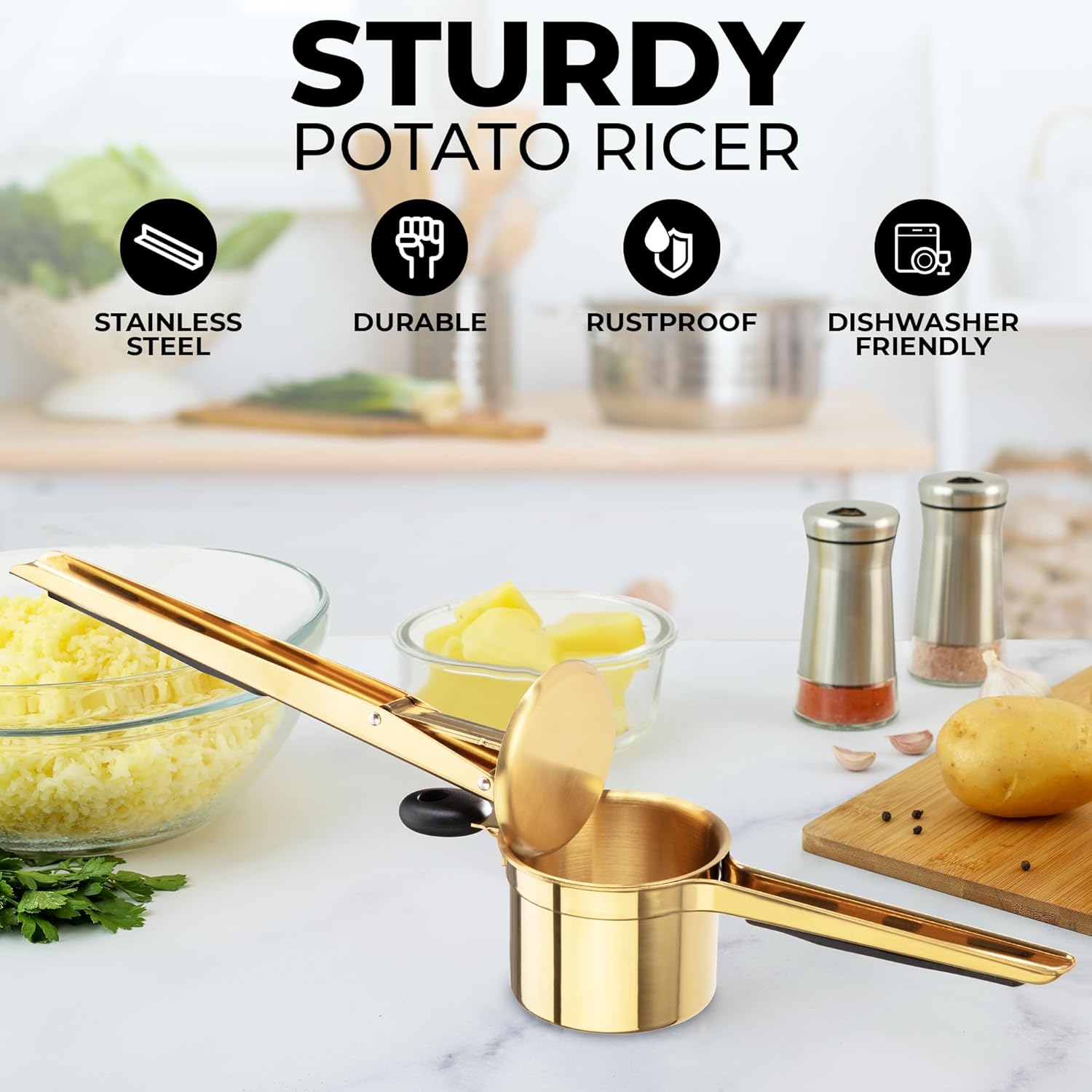 Zulay Kitchen Large 15oz Potato Ricer, Heavy Duty Stainless Steel Potato Masher and Ricer for Mashed Potatoes, Mashed Potato Masher & Potato Press Gadget for Perfect Mashed Potatoes - Gold/Black - Culinary Roots