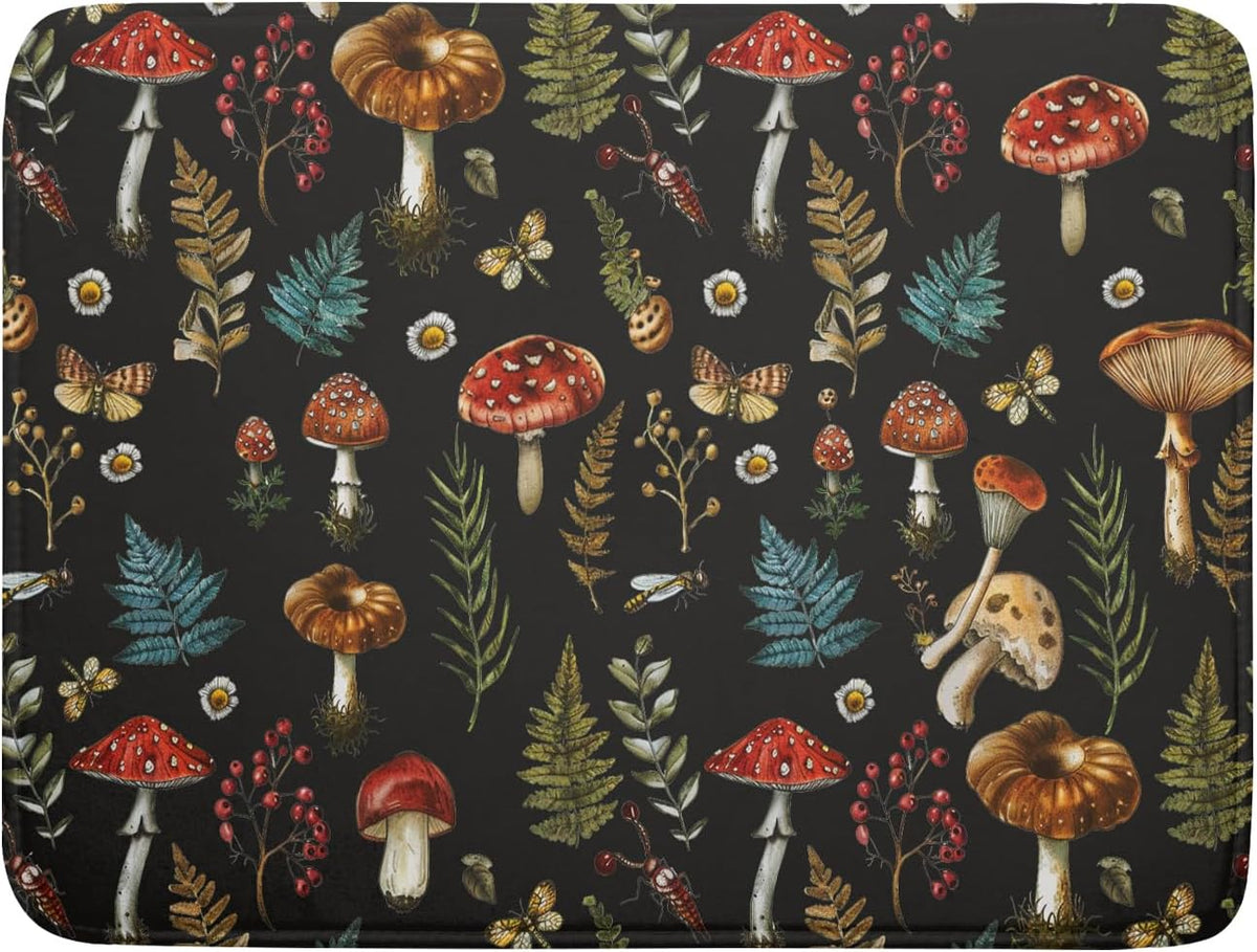 Natural Botanical Dish Drying Mat Mushroom Fern Leaves Berry Drainer Mat Black Drying Pad for Countertop 18 X 24 Inch
