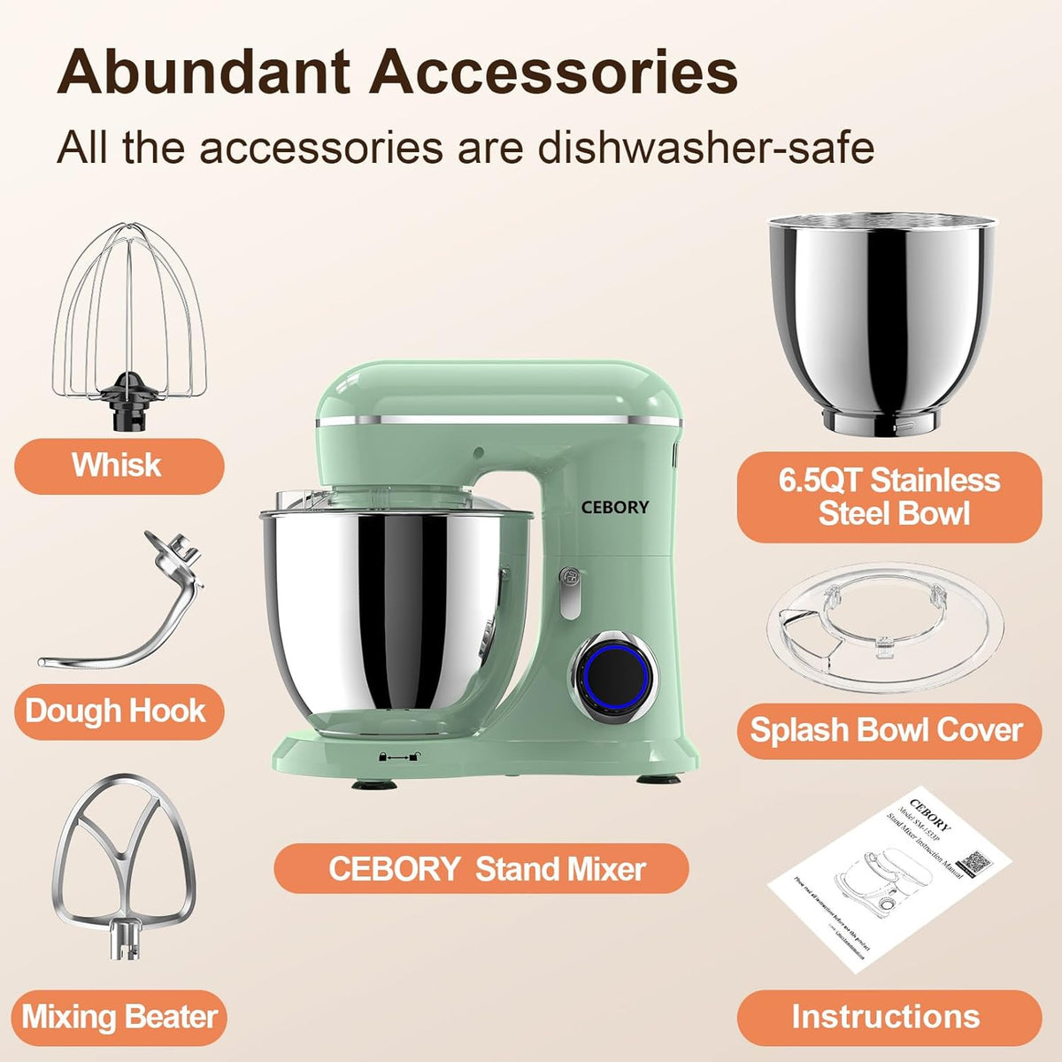 3-IN-1 Electric Stand Mixer, 6.5QT Bowl 660W 10-Speed Kitchen Mixer, Household Food Mixers include Dough Hook, Beater and Whisk, Bread Cake Mixer for Baking and Most Home Cooks, Agave Green