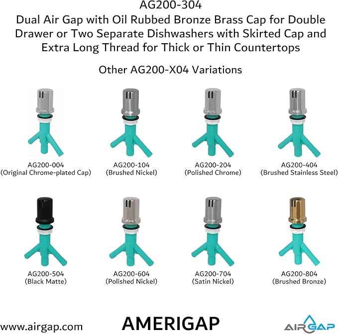 Dual Air Gap with Oil Rubbed Bronze Brass Cap for Double Drawer or Two Separate Dishwashers with Skirted Cap and Extra Long Thread for Thick or Thin Countertops (AG200-304, AG200-X04, AMERIGAP)