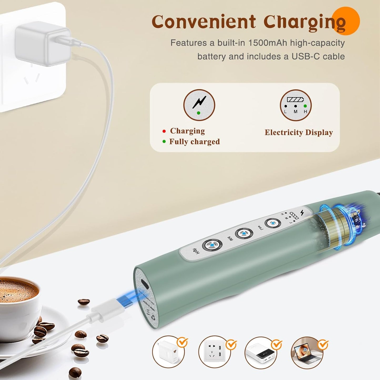 Milk Frother Handheld Rechargeable, Frother Wand Drink Mixer Electric Whisk for Coffee, Detachable With 3 Stainless Whisks, Hand Mixer for Lattes, Cappuccino, Matcha, No Stand, Sage Green - Culinary Roots