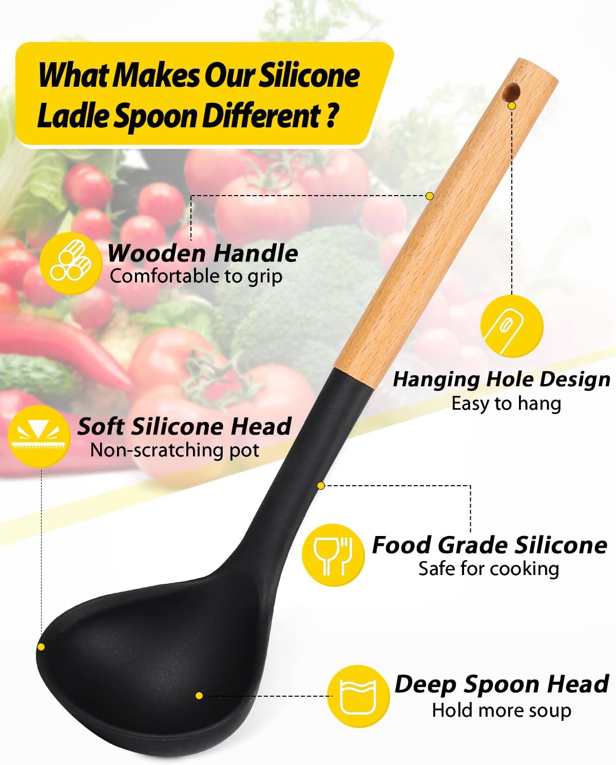 Pack of 2 Soup Ladle, Silicone Ladle Spoon with Wooden Handle, Large Non Stick High Heat Resistant Kitchen Utensils for Cooking, Stirring, Serving Soups(BLACK-RED) - Culinary Roots