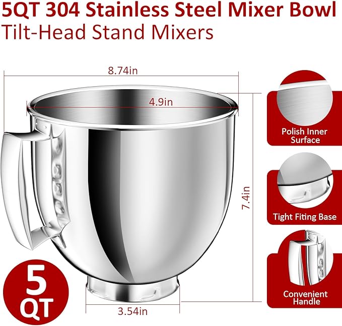 5QT Stainless Steel Mixer Bowl Compatible with KitchenAid Bowls for Mixer, Artisan&Classic Series 4.5-5QT Tilt-Head Mixers, Kitchen Gadgets Mixer Bowl with Handle,Metal Bowl for Kitchen Mixing Bowl