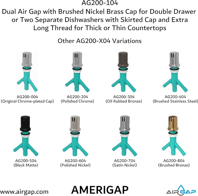 Dual Air Gap with Brushed Nickel Brass Cap for Double Drawer or Two Separate Dishwashers with Skirted Cap and Extra Long Thread for Thick or Thin Countertops (AG200-104, AG200-X04, AMERIGAP)
