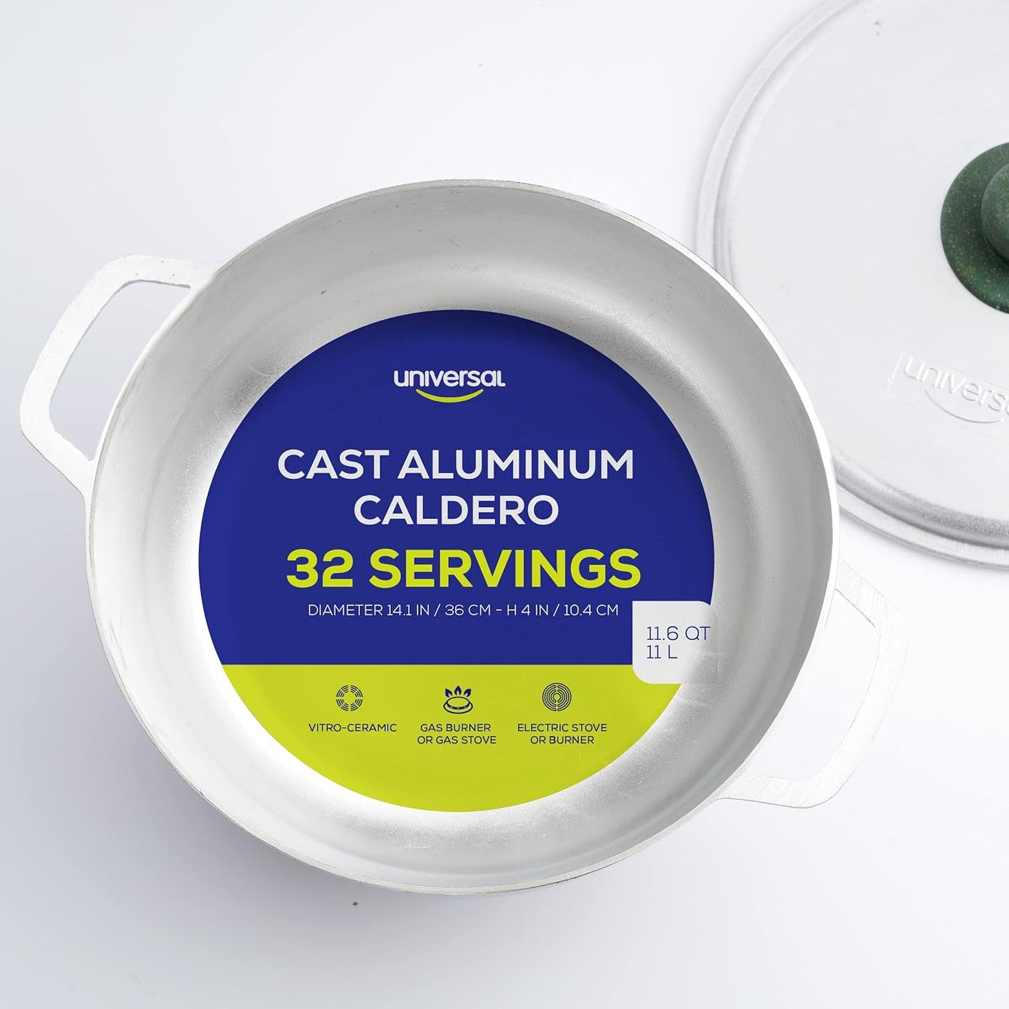 Universal (Professional Large) Caldero 32 Cups - 11.6 QT / 11 L, Stainless Aluminum Pot, Even Heat Distribution and Fast Cooking Dutch Oven Pot, Ergonomic Handles, Ideal for Rice, and French Fries - Culinary Roots