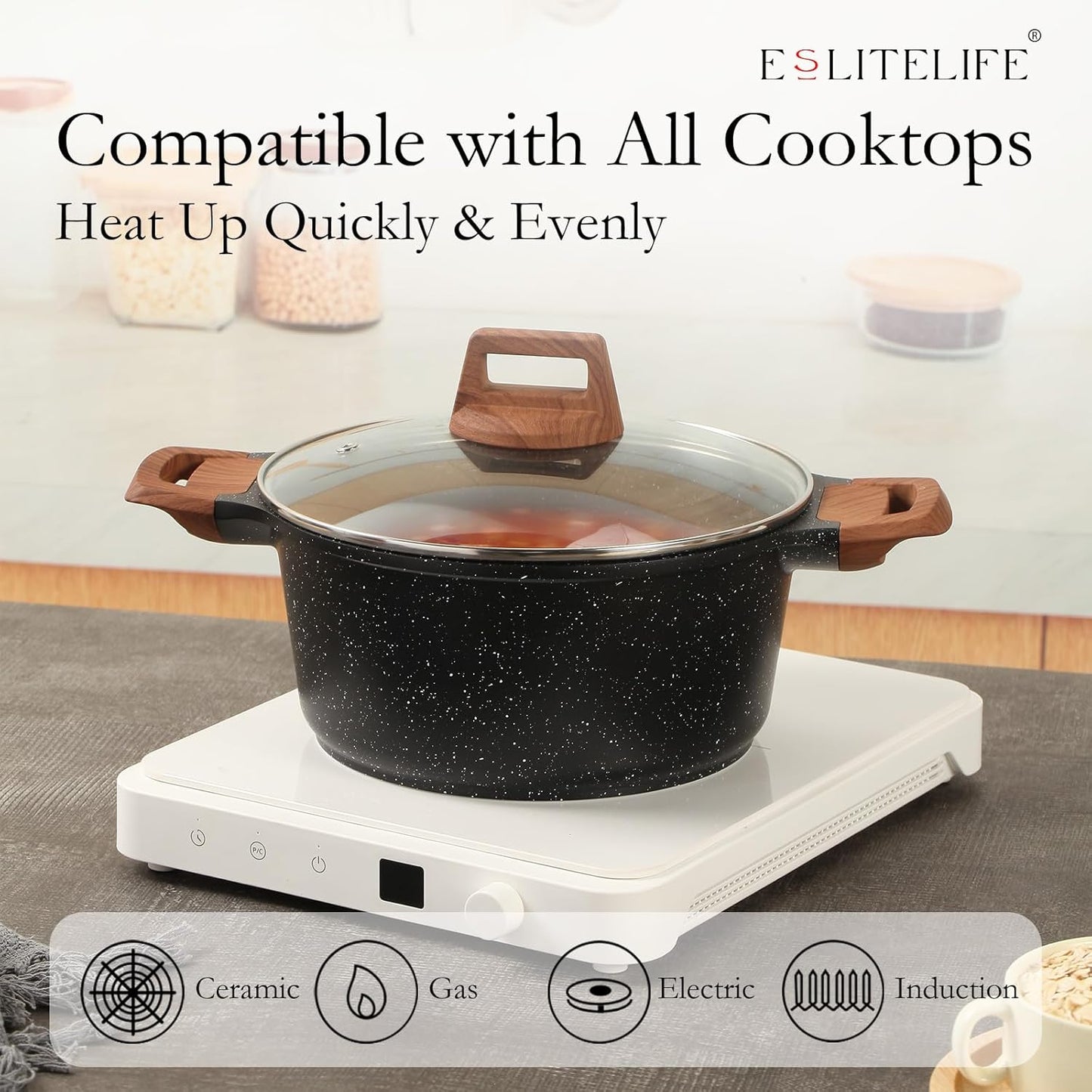 ESLITE LIFE Nonstick Stock Pot with Lid, 3 Quart Granite Casserole Small Soup Pot Pasta Cooking Pot, Induction Compatible, PTFE & PFOA Free, Black - Culinary Roots