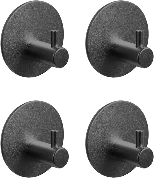 Aluminum Wall Hooks, No Drill Damage-Free Adhesive Hook, Product for Hanging Heavy Duty for Bathroom Kitchen Home (Single Round Black Hook, 4)