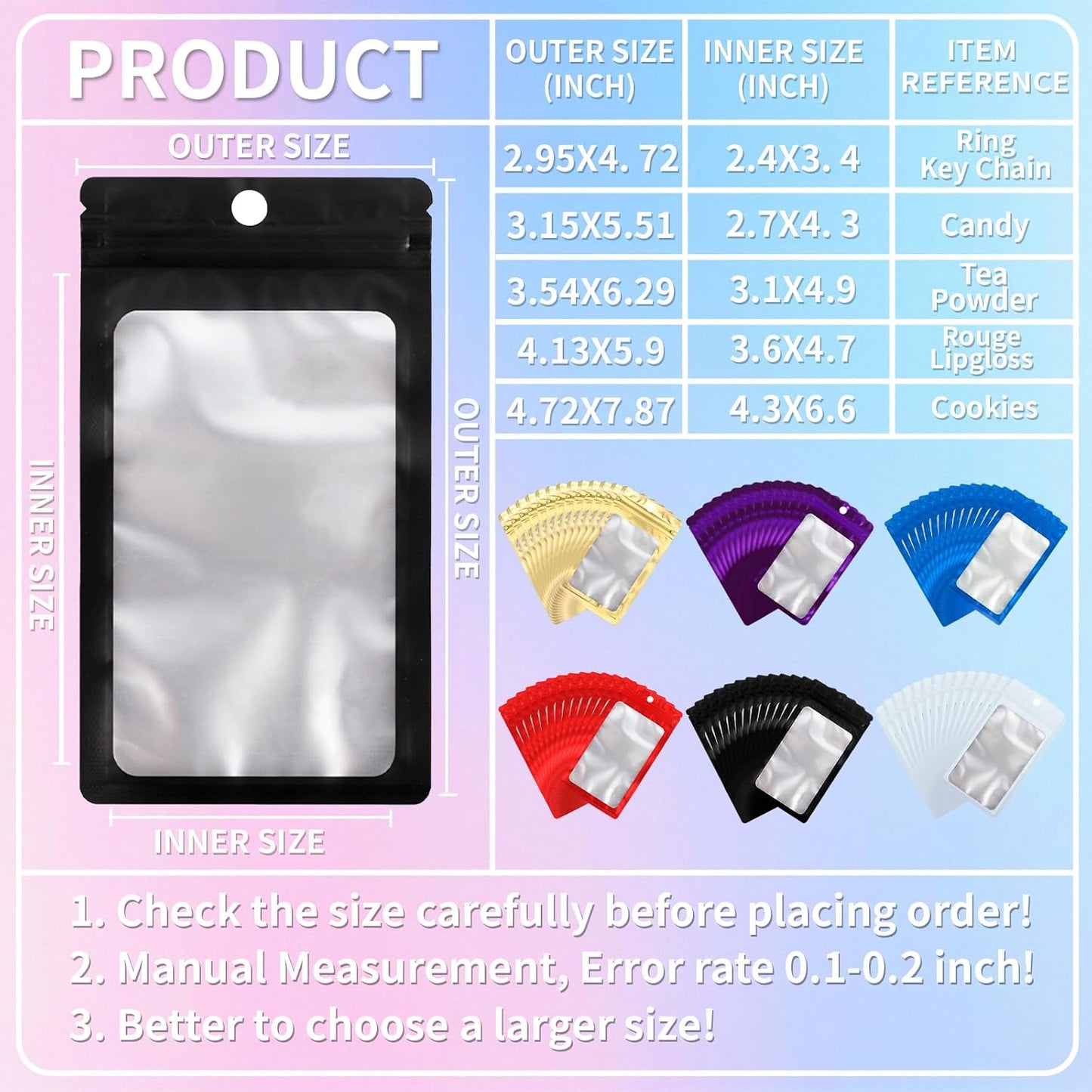 200 Pack Resealable Mylar Holographic Bags Food Storage Smell Proof Bags with Front Window Foil Packaging Pouch for Candy Sample Jewelry Small Business 4.13×5.91 Inch, Red