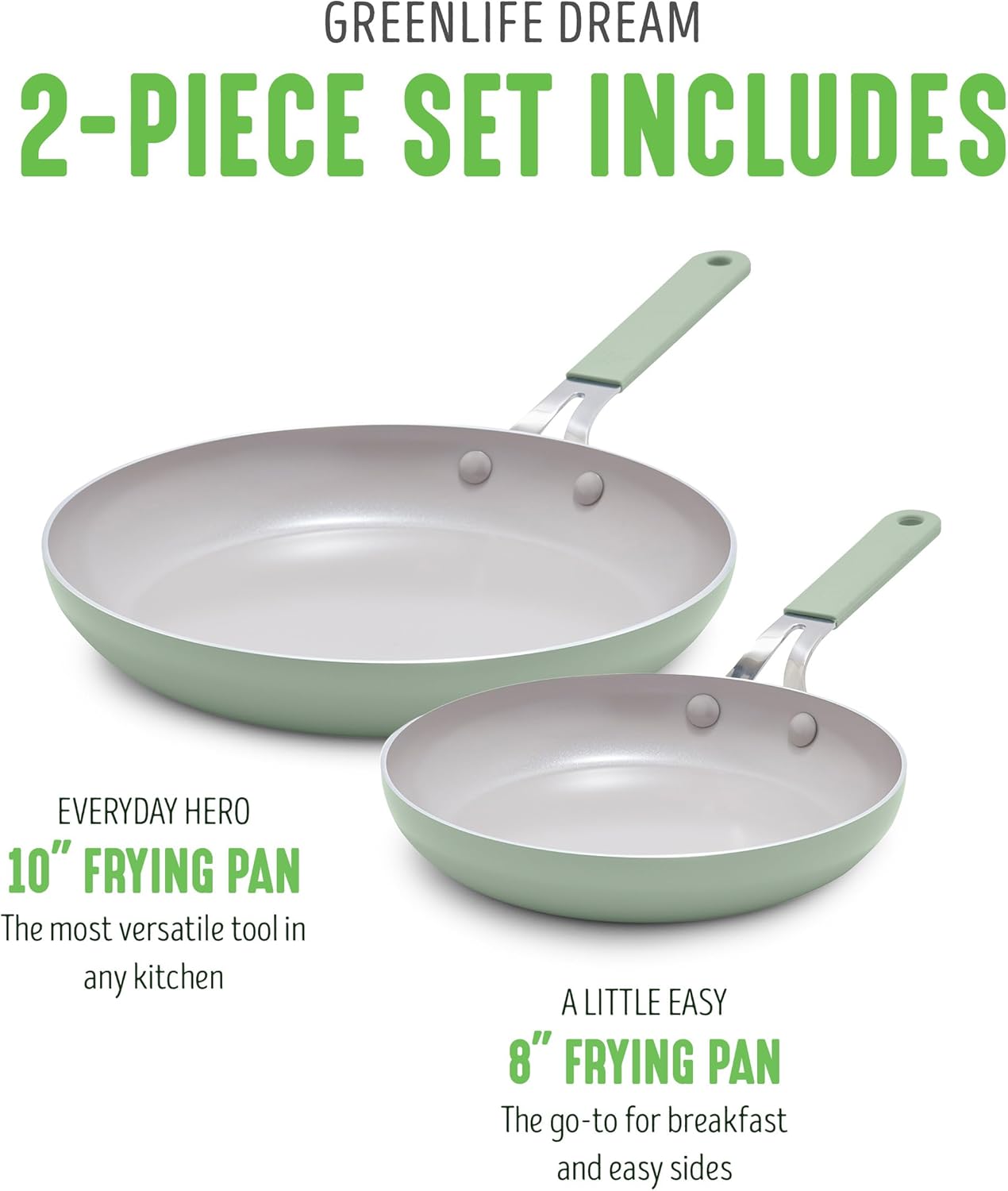 GreenLife 8” & 10” 2 Piece Nonstick Ceramic Frying Pan Set, Lightweight Healthy PFAS-Free Skillets, Dishwasher & Oven Safe, Durable Body, Silicone Stay-Cool Handles, Easy Release, Sage Green - Culinary Roots