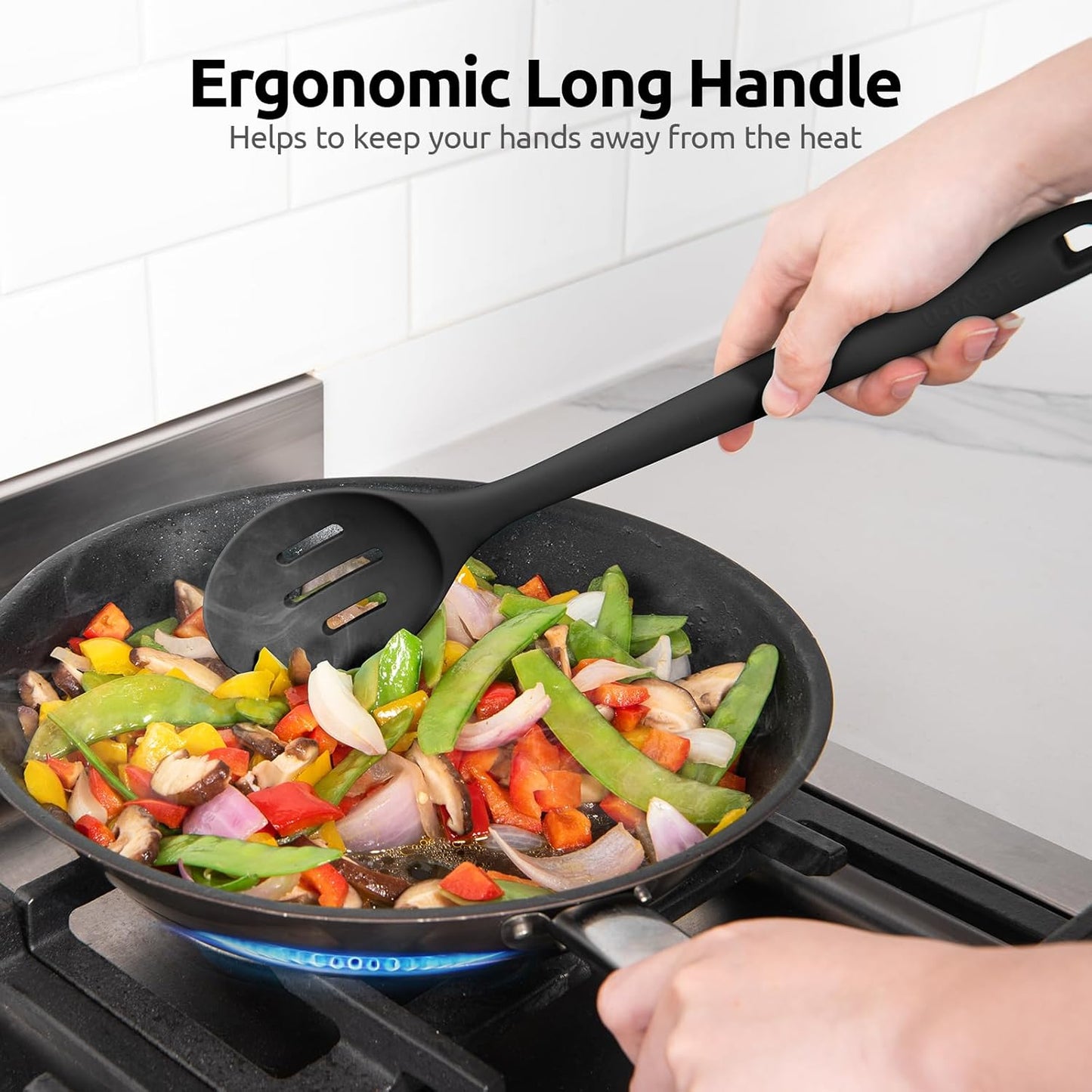 600ºF Heat Resistant Slotted Spoon: U-Taste 13.3in Solid Kitchen Cooking Spoon, Nonstick Food Grade Large & Long Rubber Utensil for Mixing, Serving, Stirring, Basting, Frying, Draining (Black) - Culinary Roots