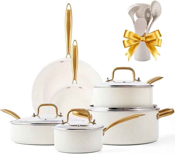 Ceramic Cookware Set, VONIKI 16 Pcs Pots and Pans Set Non Stick, Kitchen Cookware Sets with Cooking Utensils Set, Non Toxic Cookware Set White Gold Pan Set for Cooking Pot Oven & Dishwasher Safe, Gift