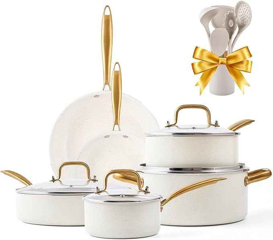 Ceramic Cookware Set, VONIKI 16 Pcs Pots and Pans Set Non Stick, Kitchen Cookware Sets with Cooking Utensils Set, Non Toxic Cookware Set White Gold Pan Set for Cooking Pot Oven & Dishwasher Safe, Gift