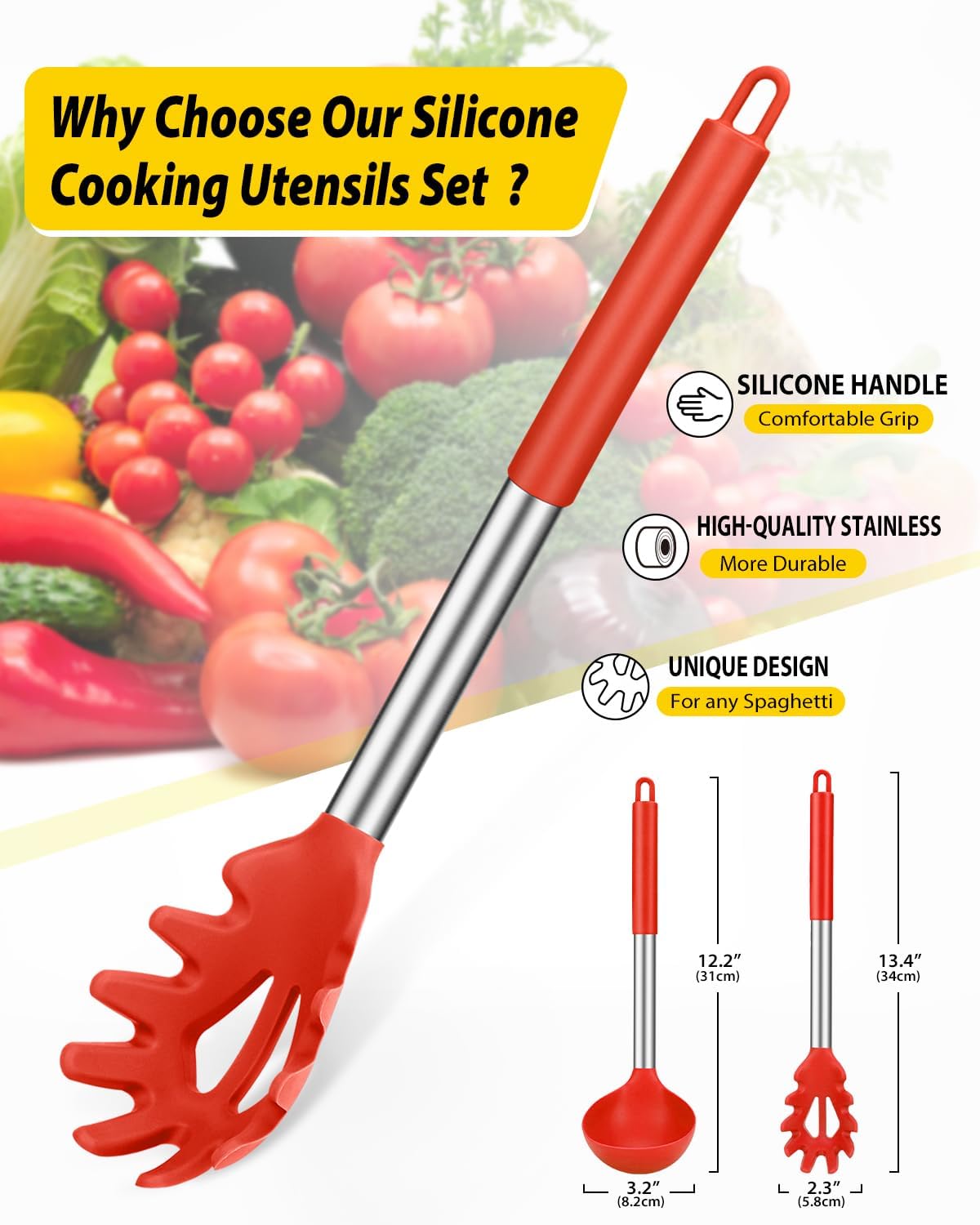 Silicone Pasta Fork and Ladle Spoon Set, Large Non Stick Kitchen Utensils for Cooking,Stirring,Serving Spaghetti, Soup, Sauce (RED) - Culinary Roots