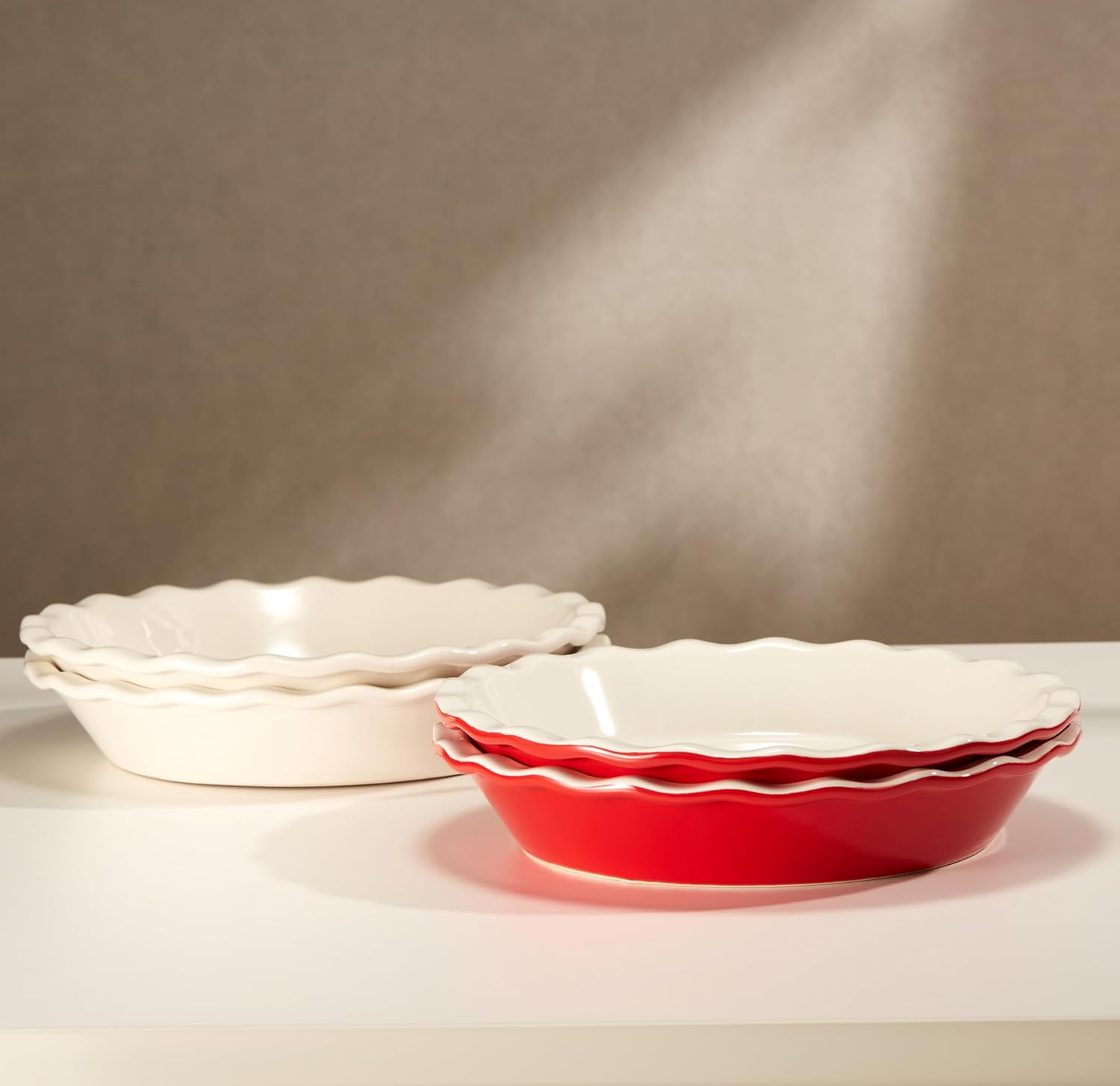 KooK Pie Pan, Ceramic Reusable Round Pie Dish, Quiche Baking Dish, Deep, Wave Edge, For Cakes, Tart, Casseroles, Tarts, Microwave, Oven and Dishwasher Safe, 9-Inch, 36 oz, Set of 2, Cherry - Culinary Roots
