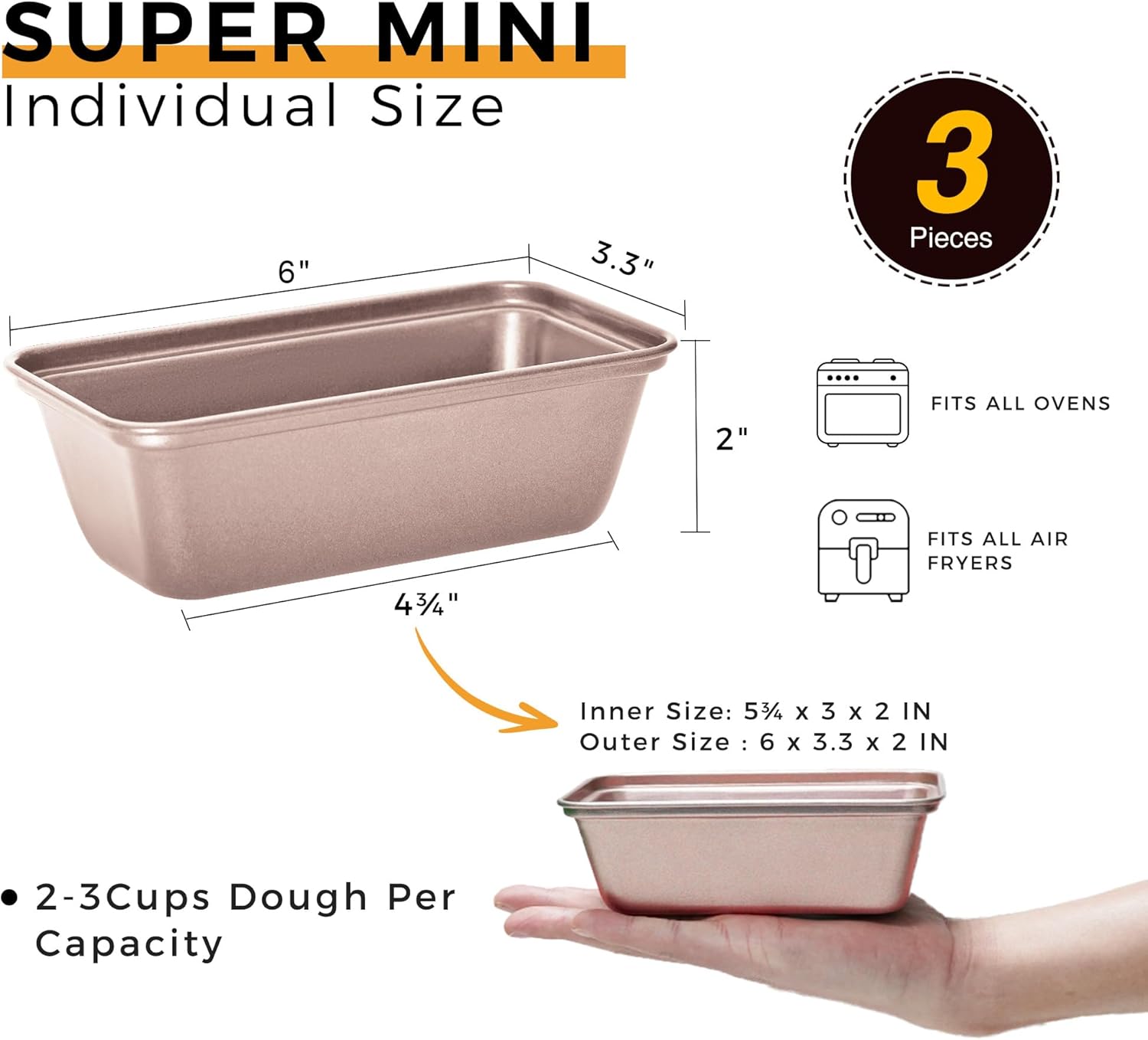HONGBAKE Mini Loaf Pan for Baking Bread, Nonstick Small Banana Bread Tins Set of 3, 6 x 3.3 x 2 In Tiny Carbon Steel Meatloaf Pan - Rose Gold - Culinary Roots