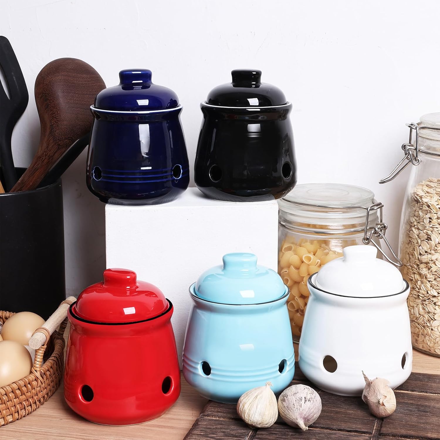 HAOTOP Ceramic Mini Garlic Keeper with Lid, Garlic Container Saver for Countertop, Keep Your Garlic Cloves Fresh (Turquoise) - Culinary Roots