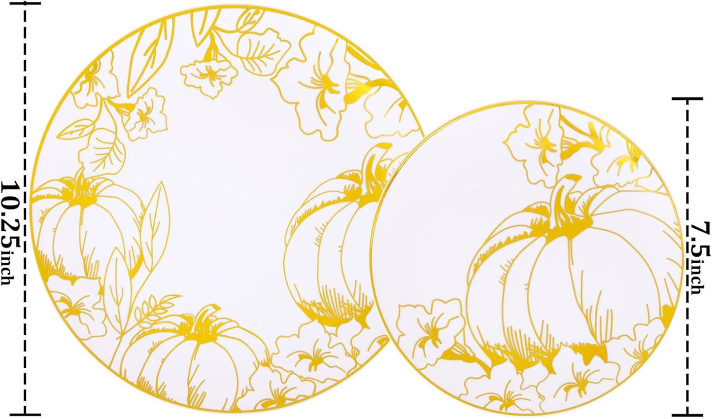 FLOWERCAT 60PCS Thanksgiving Plates & Gold Pumpkin Plates - Including 30PCS 10.25inch Thanksgiving Dinner Plates and 30PCS 7.5inch Thanksgiving Dessert Plates for Giving Thanks Theme Party - Culinary Roots