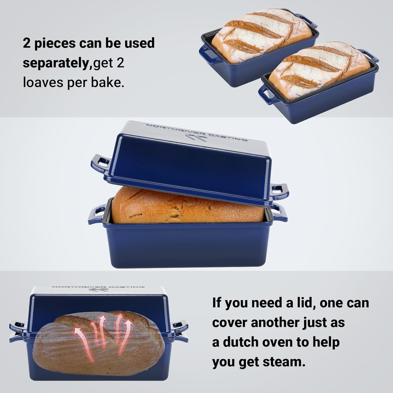 2 in 1 Enameled Cast Iron Bread Pan with Lid, Perfect Bread Oven, Loaf Pans for Baking Homemade Sourdough Bread 9x5, 2 Piece set, Navy Blue - Culinary Roots