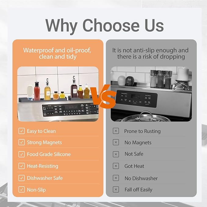 30 Inch Magnetic Silicone Stove Top Shelf,Heat Resistant Over The Stove Spice Rack for Kitchen,Space Saving Organizer Back of Stove,Includes 6 Additional Sticky Boards(Black,30''x3.8'')