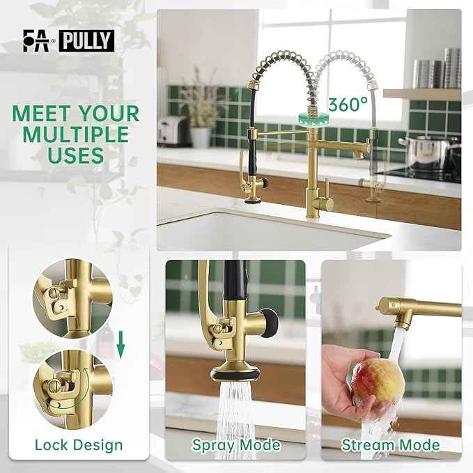 Brushed Gold Kitchen Faucet with Pull Down Sprayer, Commercial Brass Kitchen Faucet Single Handle Spring Faucets for Kitchen Sink Fapully
