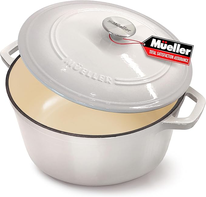 MUELLER HOME 7.5 QT Enameled Cast Iron Dutch Oven, Heavy-Duty Casserole Dish and Braiser Pan with Lid and Stainless Knob, Oven-Safe up to 500° F & Across All Cooktops, Oyster White