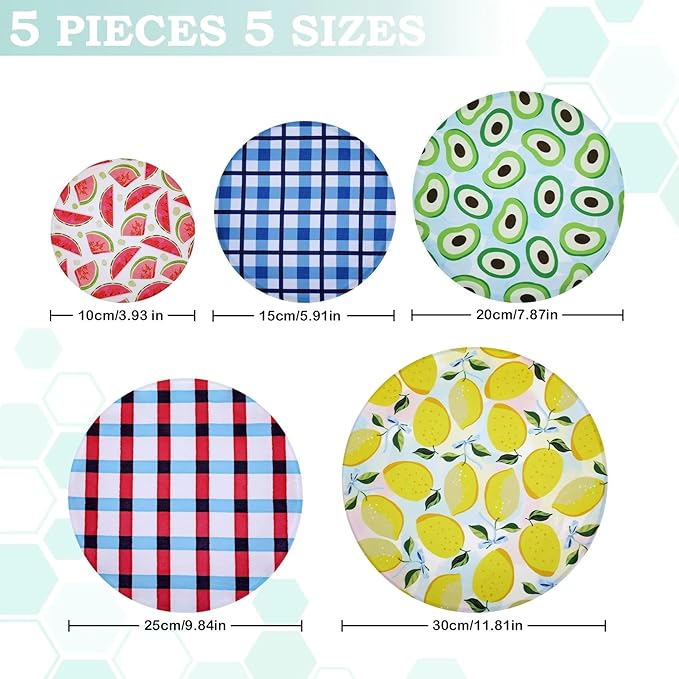 5-Size Reusable Beeswax Bowl Covers for Bread Proofing, Cotton Cloth Flexible Beeswax Wraps for Food Storage(Fruit Grid)