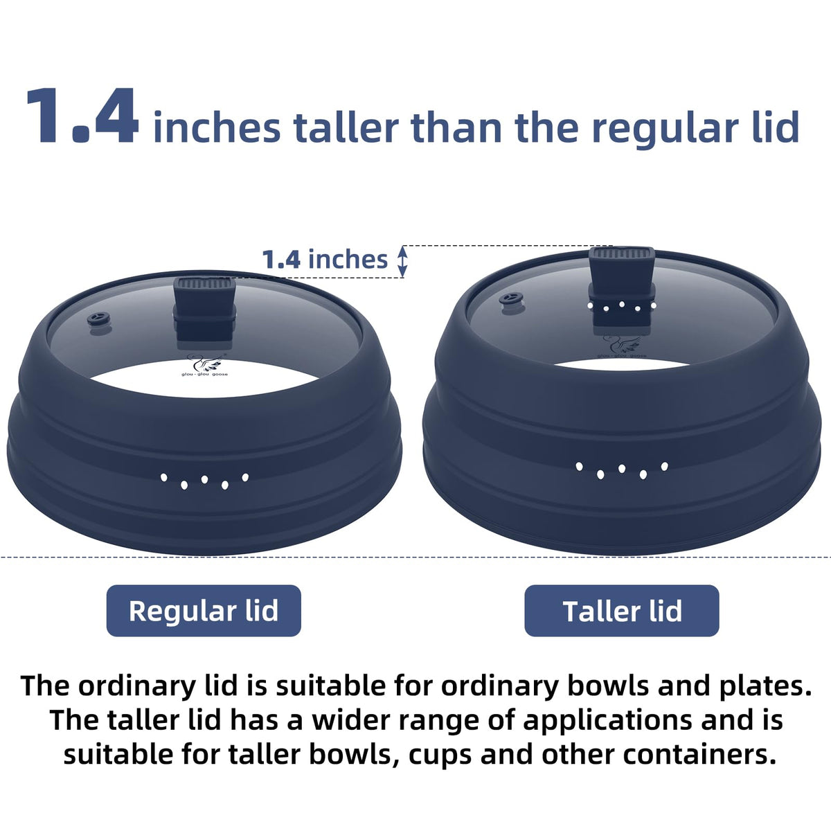 2 Pack Microwave Splatter Cover Glass Guard Lid with Collapsible Silicone for Food Pot Plate 8.5 inch and 9.8 inch Dark Blue (2 Count)