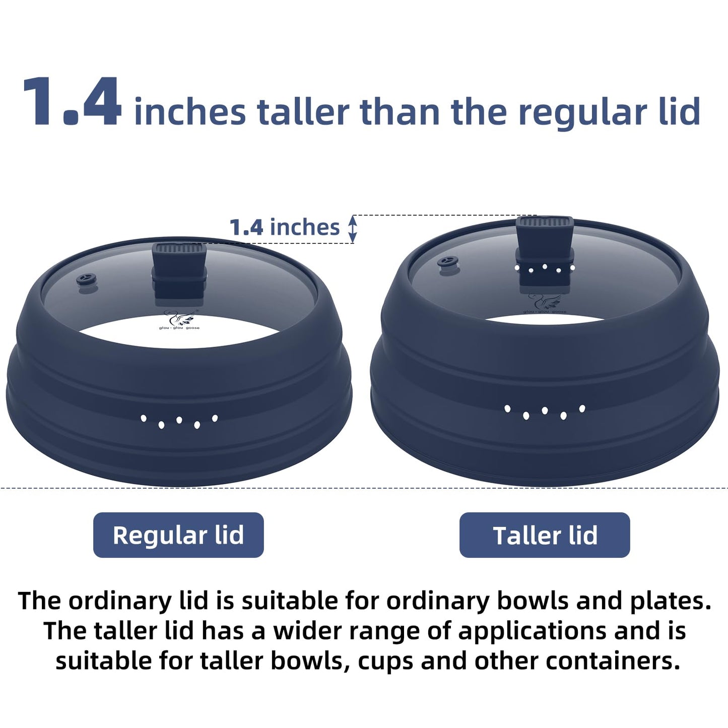 Tall Microwave Splatter Cover Glass Cover Guard Lid 5.8 inch Height with Collapsible Silicone for Food Pot Plate 10.8 inch Dark Blue