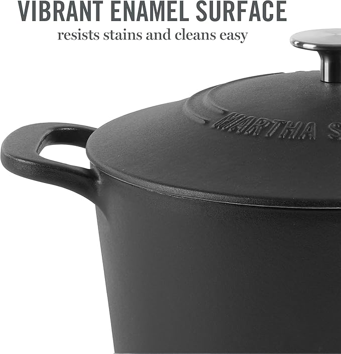 MARTHA STEWART Gatwick 7-Quart Enamel Cast Iron Dutch Oven Pot with Lid – Matte Black – Durable Heavy-Duty Dutch Oven for Slow Cooking, Braising & Baking