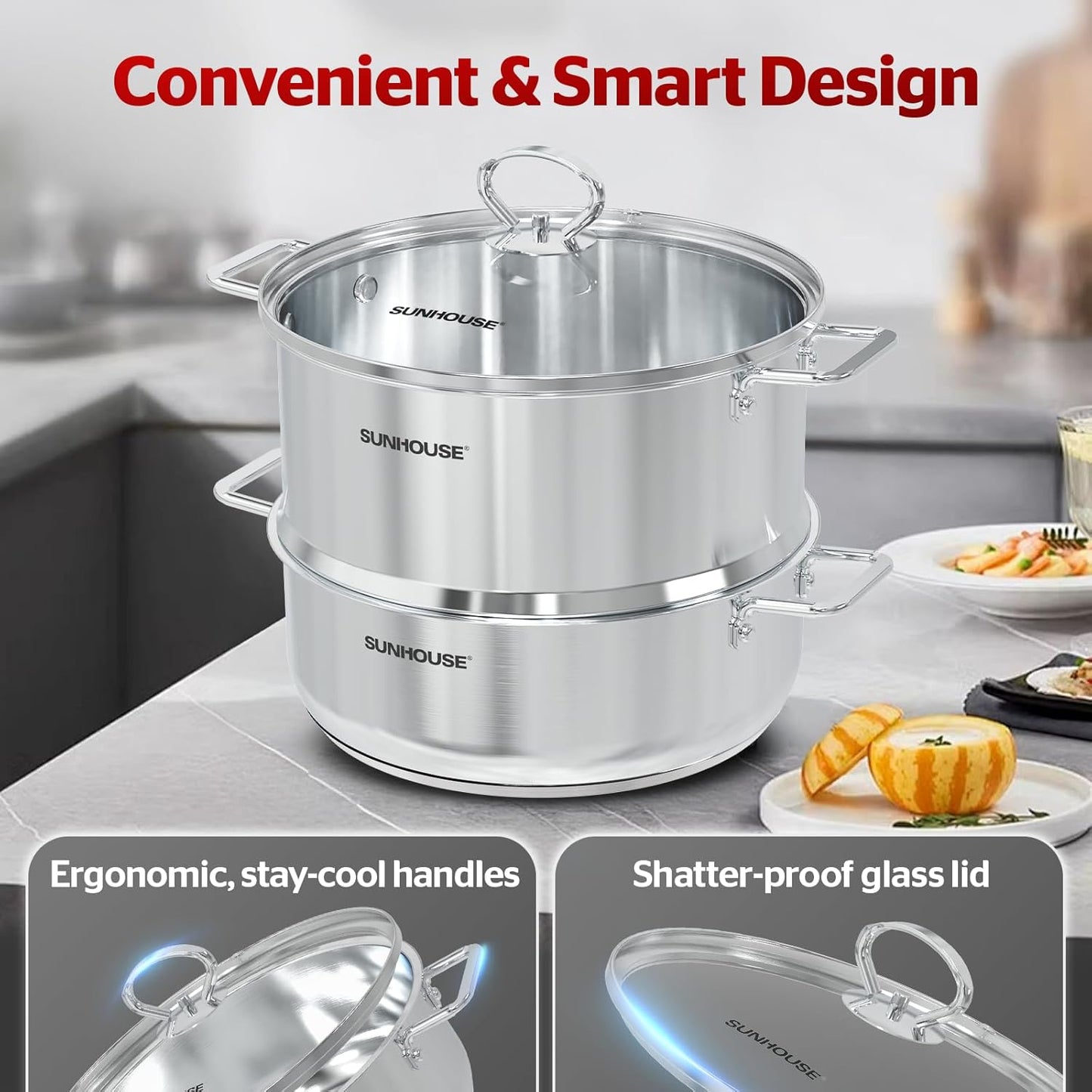 [New Version] Sunhouse 2-Tier Stainless Steel Steamer Pot with Lid - Larger 5.5 QT Steamer & 3.8 QT Stockpot Base - Induction Ready, Compatible with All Cooktops - Culinary Roots