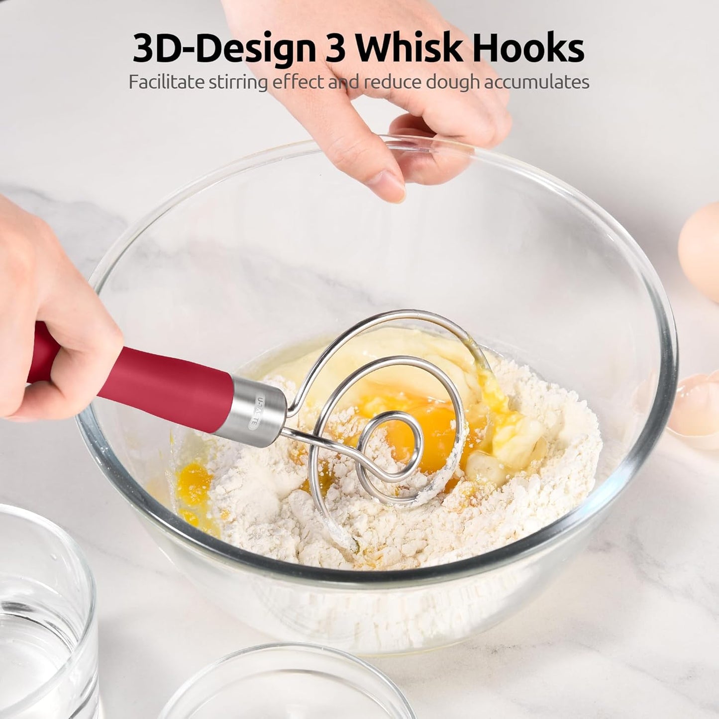 U-Taste 12.6in Danish Dough Whisk: 18/8 Stainless Steel Heavy-Duty Sourdough Mixer Tool, Food Grade Dutch Style Seamless Bread Wisk, Sturdy for Mixing, Stirring, Pressing, Kneading Thick Batter (Red) - Culinary Roots