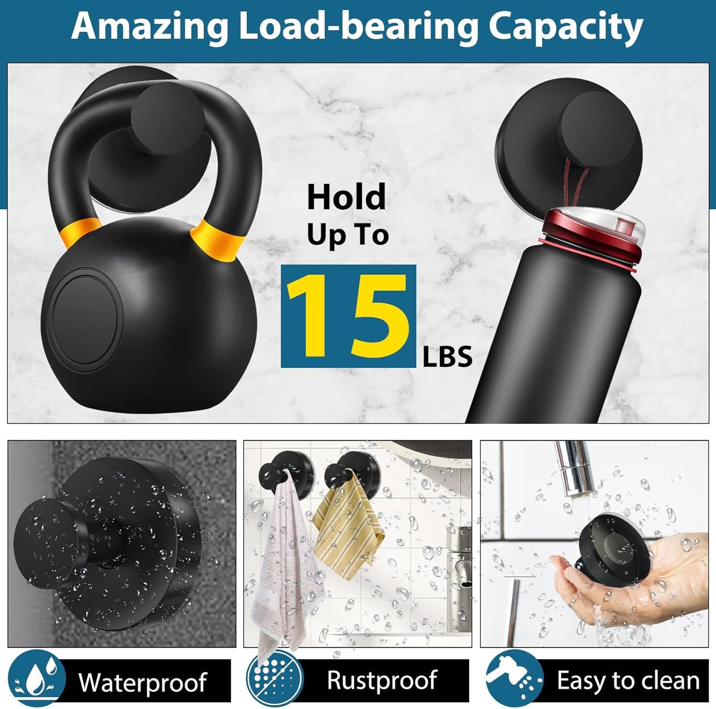 Suction Cup Hooks for Shower, 4 PCS No-Drill Towel Holder for Bathrooms Wall, Glass Door, Mirror, Tiles, Kitchen, Hold Robe & Wreath, Hanging up to 15 lbs – Waterproof & Rustproof, Matte-Black