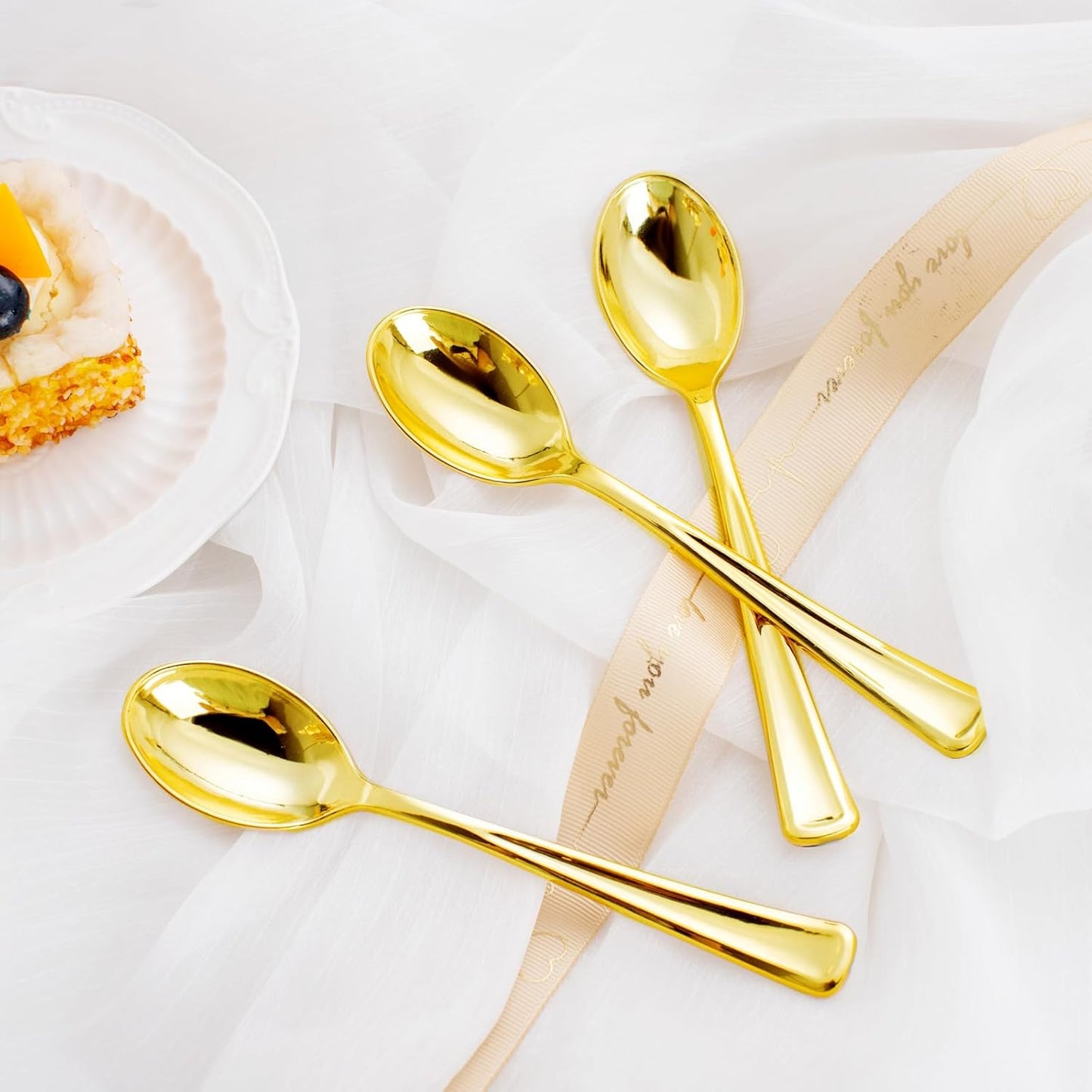 WDF 100 Pack Gold Plastic Spoons Disposable - Durable Heavy Duty 6.9 Inch Gold Spoons, Heat Resistant Modern Disposable Spoons Perfect for Parties, Wedding, Banquets