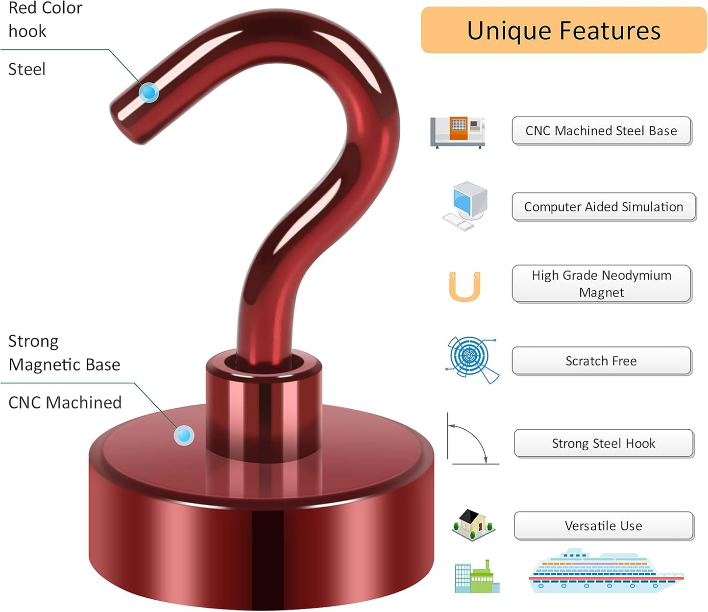 Neosmuk Magnetic Hooks,Heavy Duty Earth Magnets with Hook for Refrigerator, Extra Strong Cruise Hook for Hanging, Magnetic Hanger for Cabins, Grill (Red, Pack of 10)