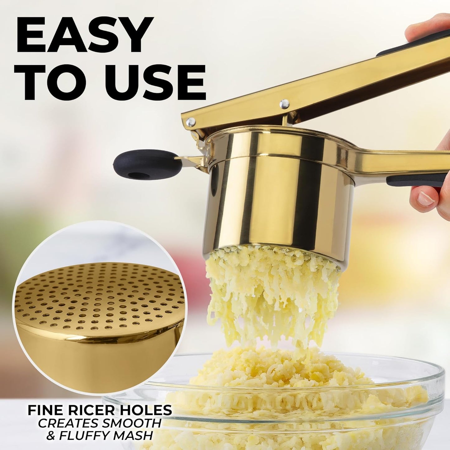 Zulay Kitchen Large 15oz Potato Ricer, Heavy Duty Stainless Steel Potato Masher and Ricer for Mashed Potatoes, Mashed Potato Masher & Potato Press Gadget for Perfect Mashed Potatoes - Gold/Black - Culinary Roots