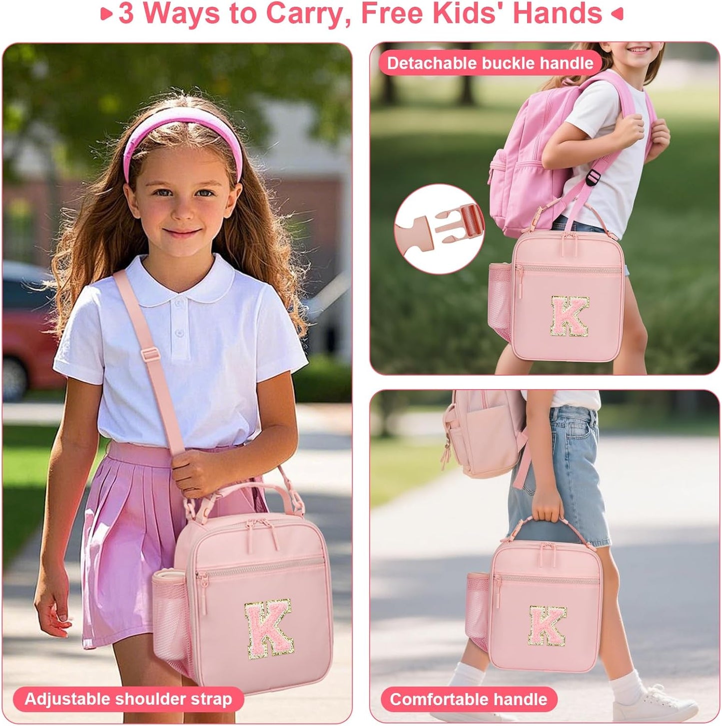 Initial Insulated Lunch Bag for Girls Kids, Back to School Gift, Reusable Leak-proof Lunch Box with Adjustable Strap for School Daycare Travel Picnic (Pink,K)