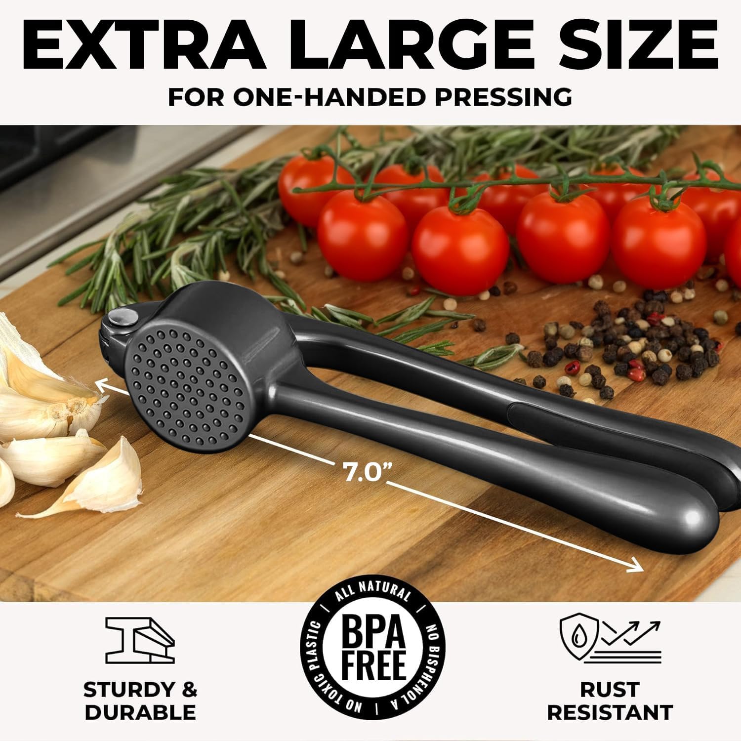 Zulay Kitchen Large Premium Garlic Press Set - Bigger Bowl for Bigger Garlic - Rust Proof & Dishwasher Safe Garlic Mincer Tool - Easy-Squeeze, Easy-Clean Silicone Garlic Peeler & Brush (Dark Gray) - Culinary Roots