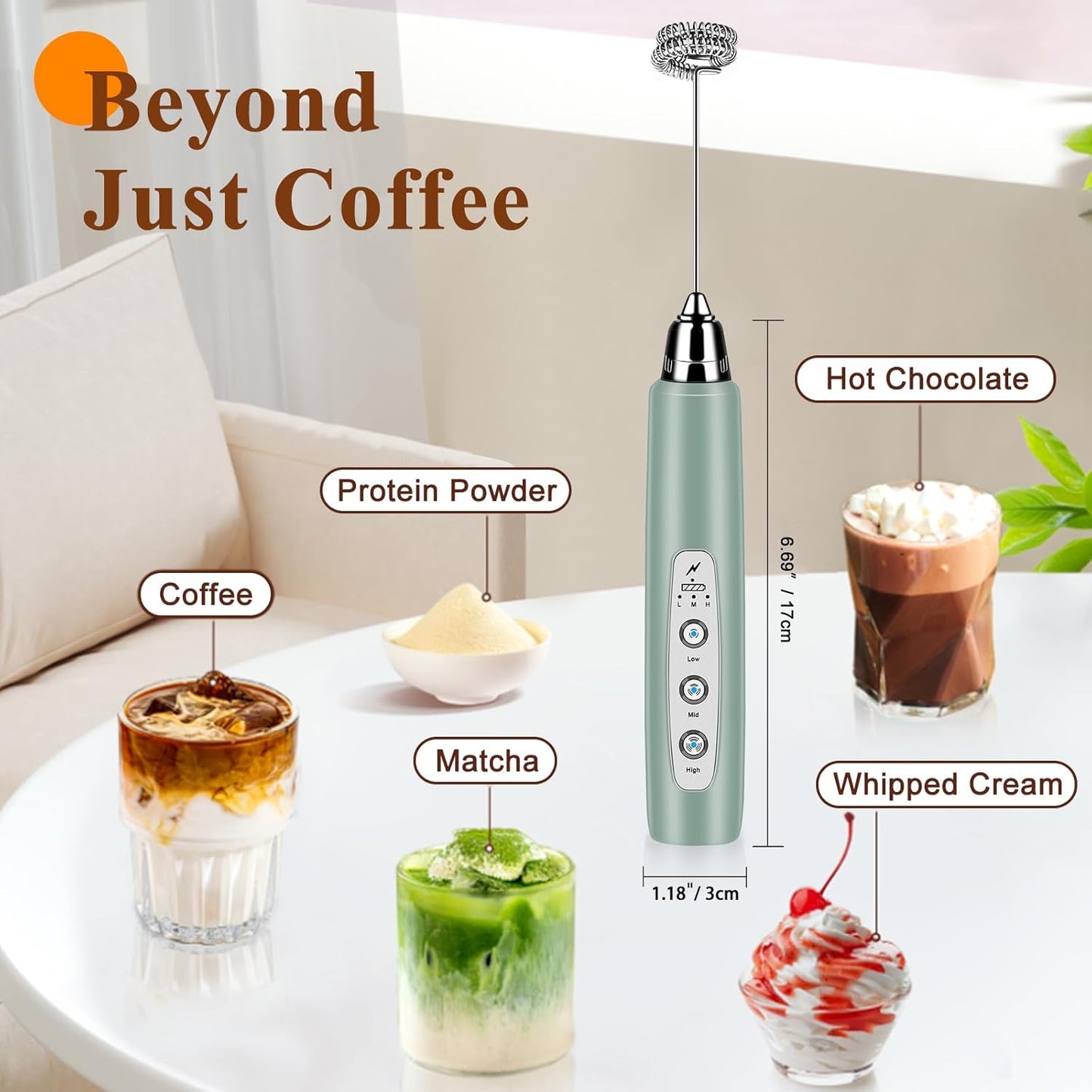 Milk Frother Handheld Rechargeable, Frother Wand Drink Mixer Electric Whisk for Coffee, Detachable With 3 Stainless Whisks, Hand Mixer for Lattes, Cappuccino, Matcha, No Stand, Sage Green - Culinary Roots