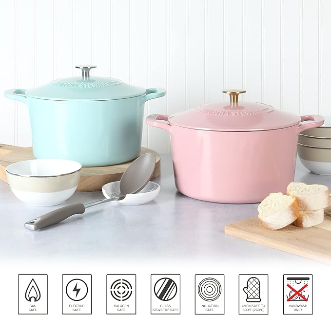 MARTHA STEWART Gatwick 7-Quart Enamel Cast Iron Dutch Oven Pot with Lid – Pink – Heavy-Duty Dutch Oven for Slow Cooking, Braising & Baking
