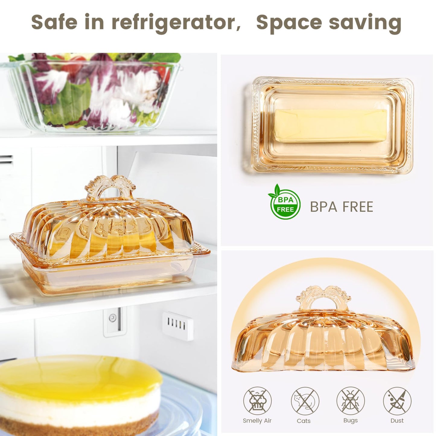 Vintage Fancy Amber Glass Butter Dish with Arch Handle Lid