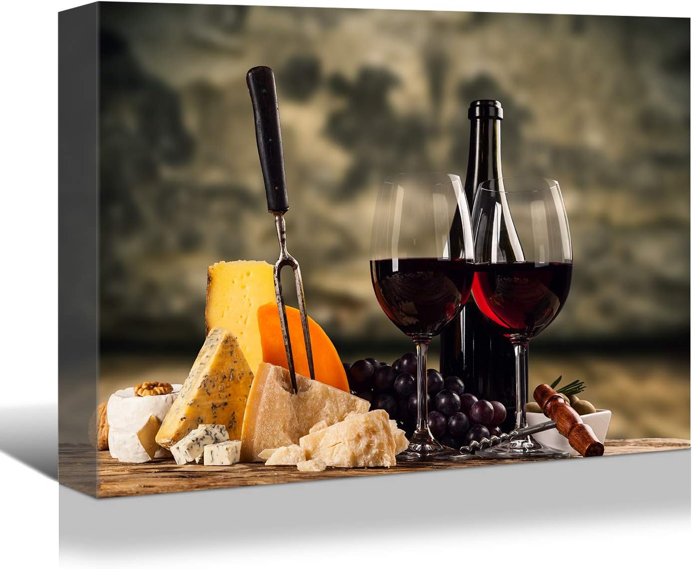 Looife Kitchen Still Life Canvas Wall Art, 16x12 Inch Gallery Wrapped Red Wine with Cheese Picture Prints Wall Decor, Food Art Deco for Dining Room and Bar Decoration