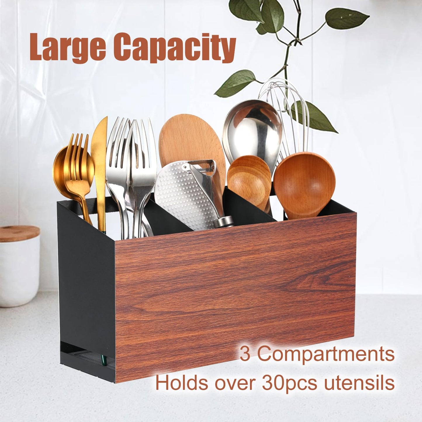 Utensil Holder Large Iron Flatware Container with 3 Compartments Countertop Wall