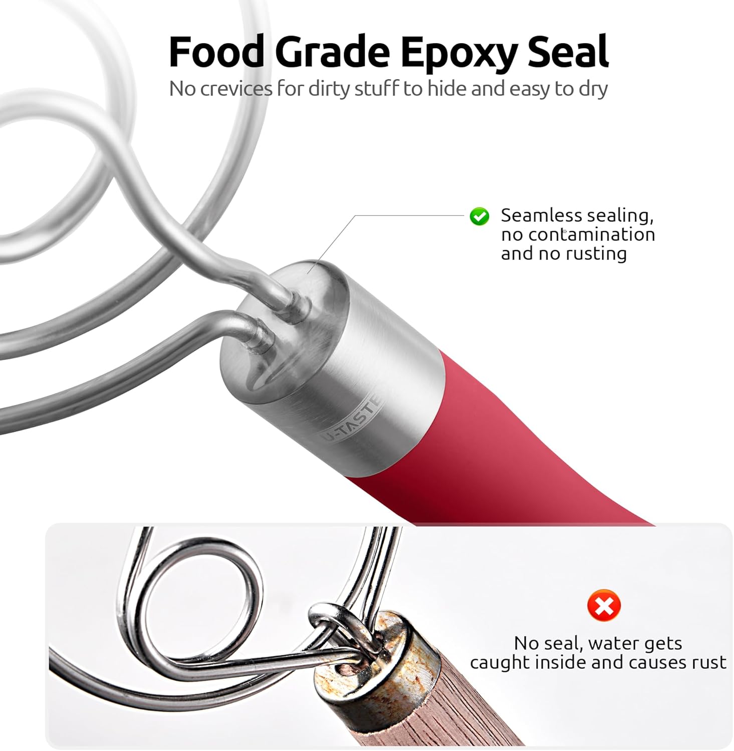 U-Taste 12.6in Danish Dough Whisk: 18/8 Stainless Steel Heavy-Duty Sourdough Mixer Tool, Food Grade Dutch Style Seamless Bread Wisk, Sturdy for Mixing, Stirring, Pressing, Kneading Thick Batter (Red) - Culinary Roots