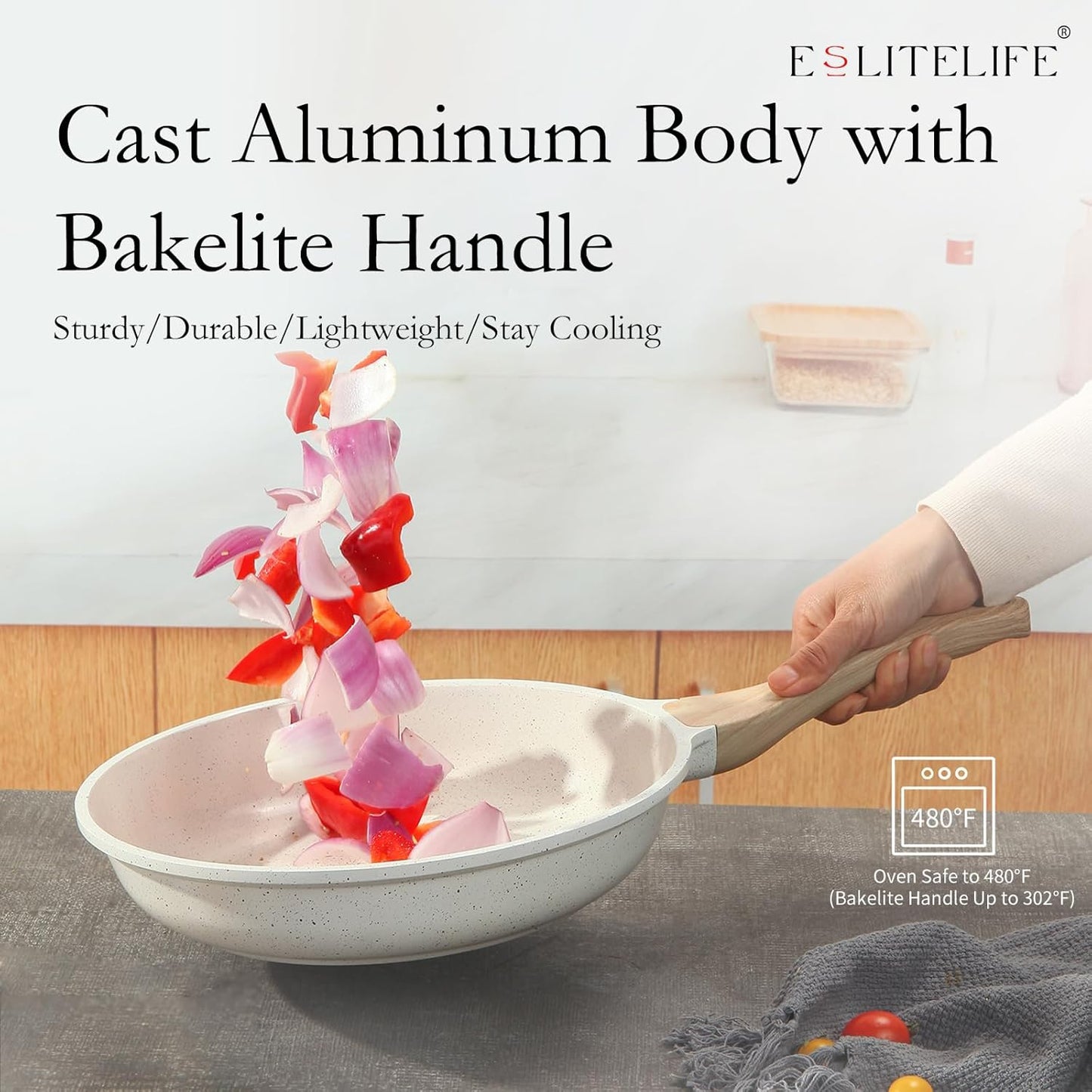 ESLITE LIFE Nonstick Ceramic Frying Pan Skillet, Non-Toxic Egg Omelette Kitchen Cooking Pans Compatible with All Stovetops (Gas, Electric & Induction), PTFE & PFOA Free (White, 9.5'')