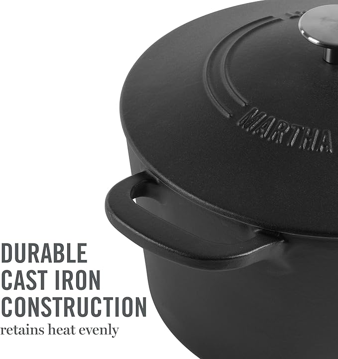 MARTHA STEWART Gatwick 7-Quart Enamel Cast Iron Dutch Oven Pot with Lid – Matte Black – Durable Heavy-Duty Dutch Oven for Slow Cooking, Braising & Baking