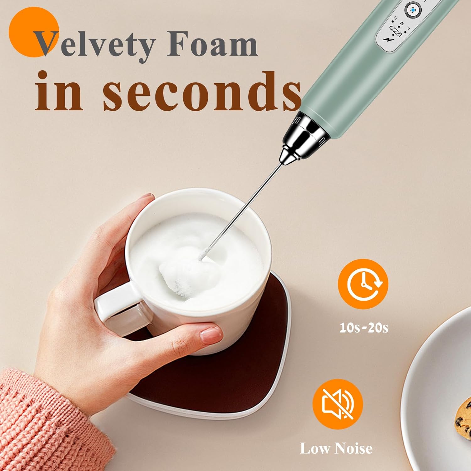 Milk Frother Handheld Rechargeable, Frother Wand Drink Mixer Electric Whisk for Coffee, Detachable With 3 Stainless Whisks, Hand Mixer for Lattes, Cappuccino, Matcha, No Stand, Sage Green - Culinary Roots