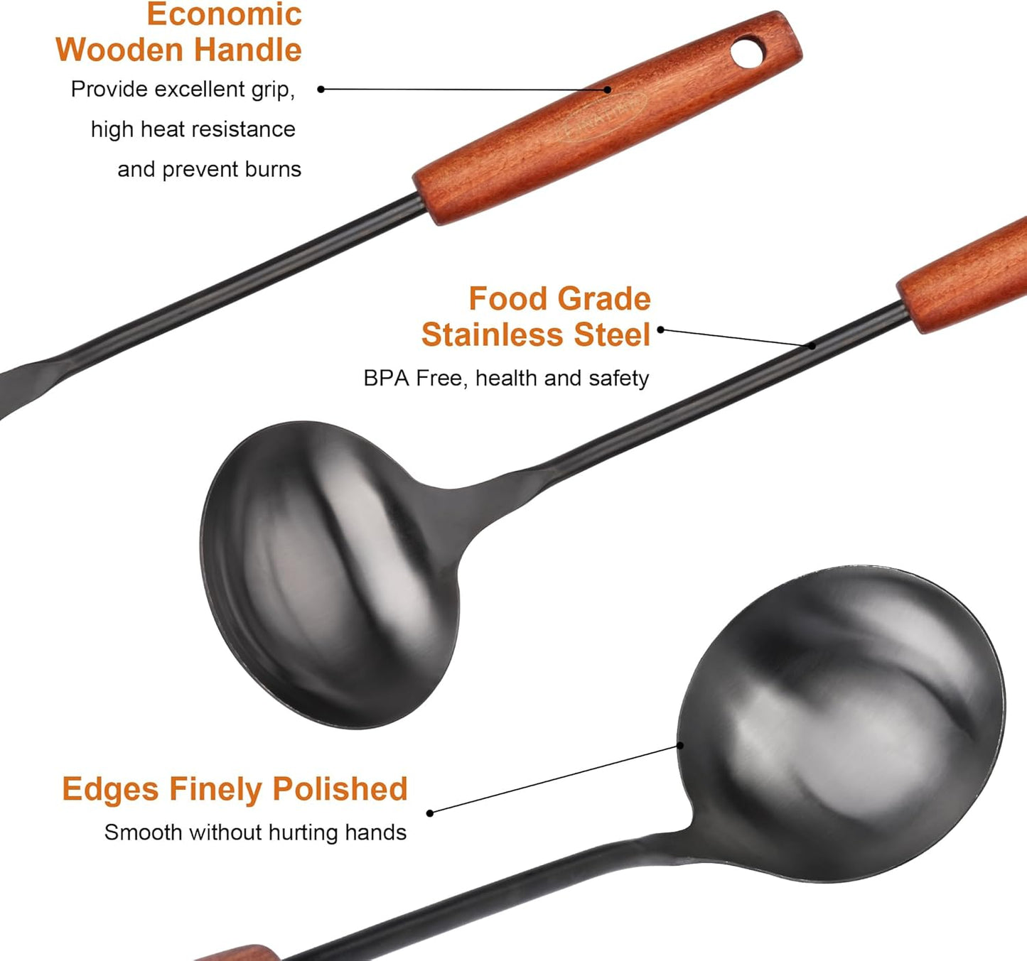 FJNATINH Soup Ladle, Food Grade 304 Stainless Steel Ladle, Large Metal Ladel Kitchen Cooking Soup Spoon Tools with Heat Resistant Wooden Handle, Integral Forming 13.8 Inches - Culinary Roots