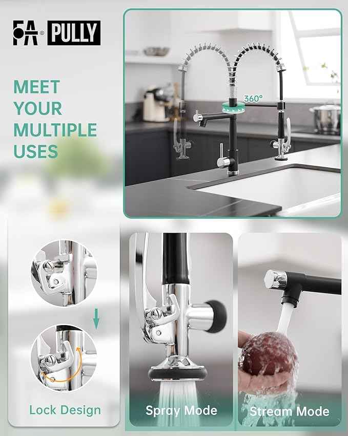 Fapully Kitchen Sink Faucet, Pull Down Kitchen Faucet, Black and Chrome Kitchen Faucets with Sprayer, Single Handle Single Hole Faucets for Kitchen Sinks