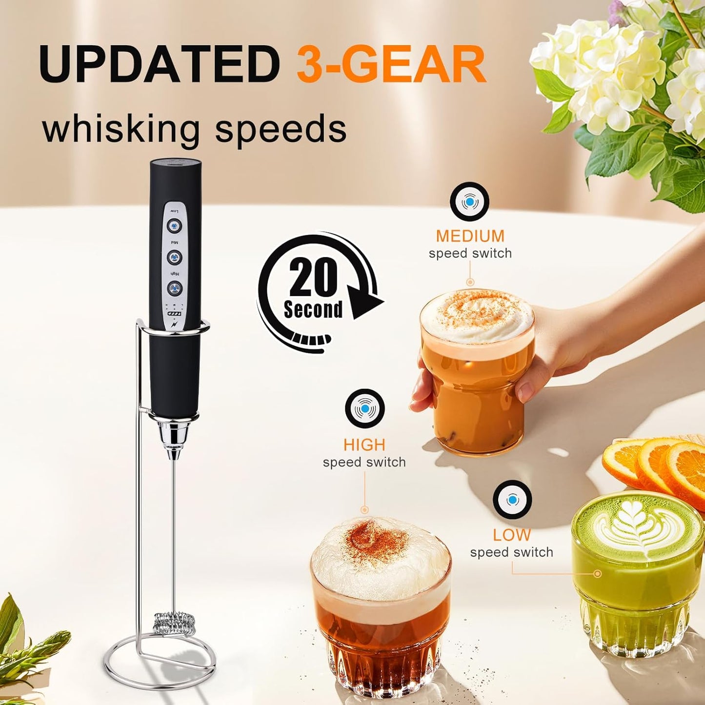 YUSWKO Black Handheld Milk Frother Wand with Stand for Coffee, Rechargeable Electric Whisk with 3 Heads 3 Speeds Drink Mixer Coffee Frother For Latte, Cappuccino, Hot Chocolate, Egg - Culinary Roots