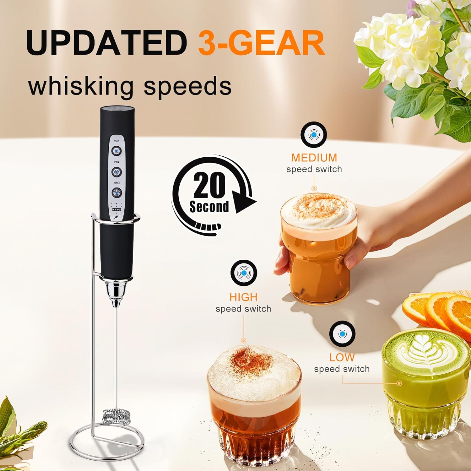 YUSWKO Black Handheld Milk Frother Wand with Stand for Coffee, Rechargeable Electric Whisk with 3 Heads 3 Speeds Drink Mixer Coffee Frother For Latte, Cappuccino, Hot Chocolate, Egg - Culinary Roots